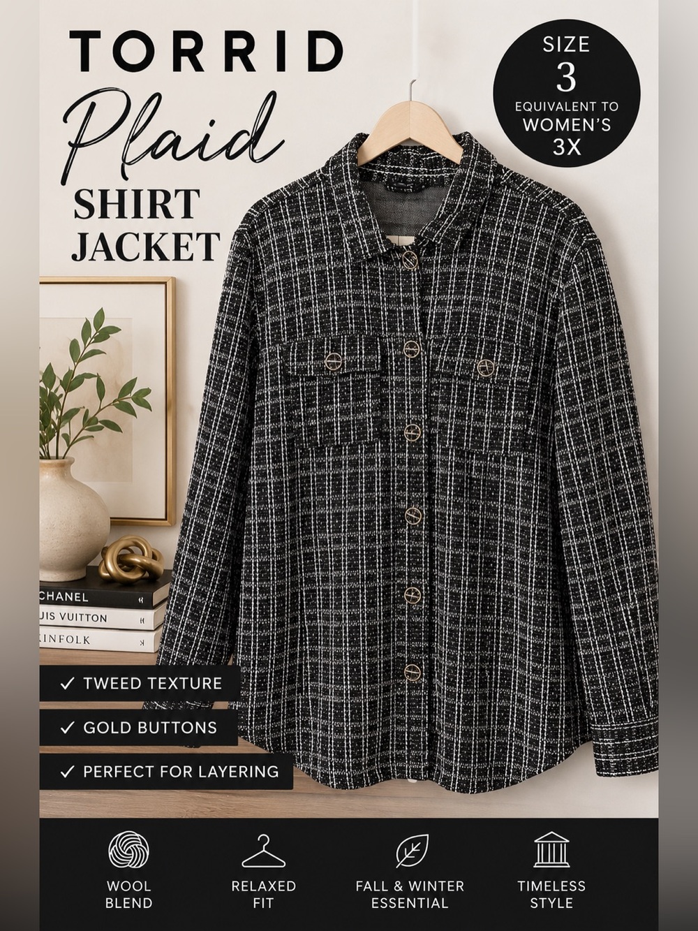 Torrid Size 3 Black White Plaid Tweed Shirt Jacket Wool Blend Gold Buttons